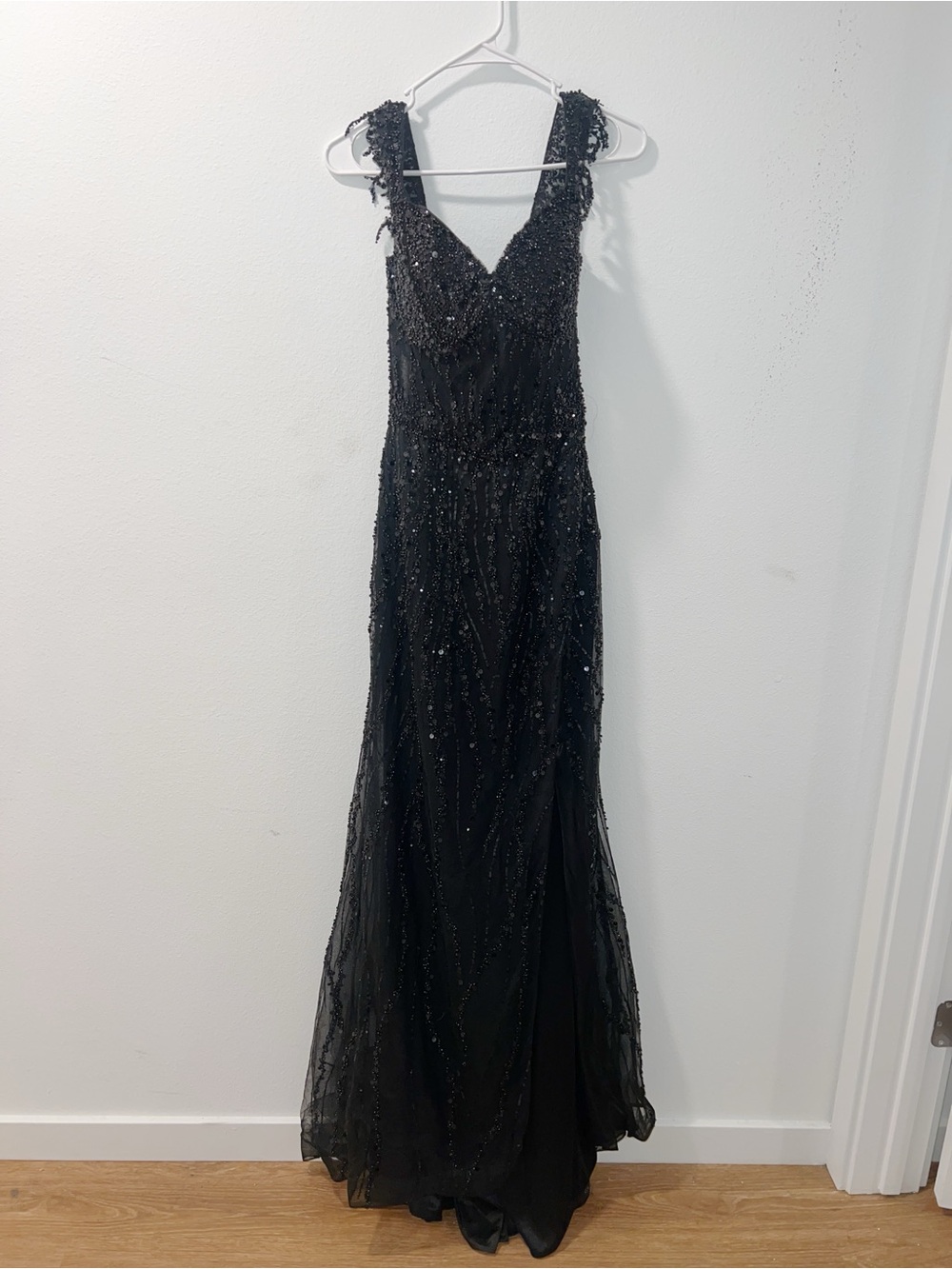 Dancing Queen Black Beaded V-Neck Prom Gown